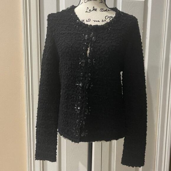 CHICOS TWEED SWEATER BLACK JEWELED Sz M FRINGED EMBELLISHMENT SOPHISTICATED - Picture 12 of 16